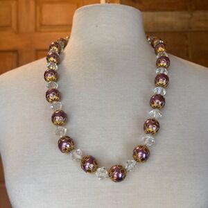 Vintage West German Purple Satin Glass Gold Filigree Crystal Bead Necklace